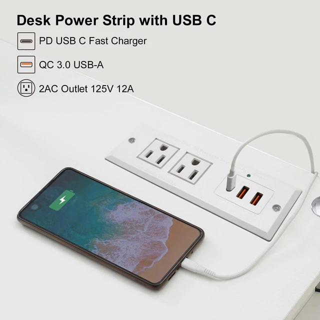 Alt view image 3 of 7 - 20W Recessed Power Strip USB C Fast Charge Desk Power Outlet Type C Flush Mounted Extension Power Plug for Conference Countertop Desktop Drawer Sofa ETL Listed (White)