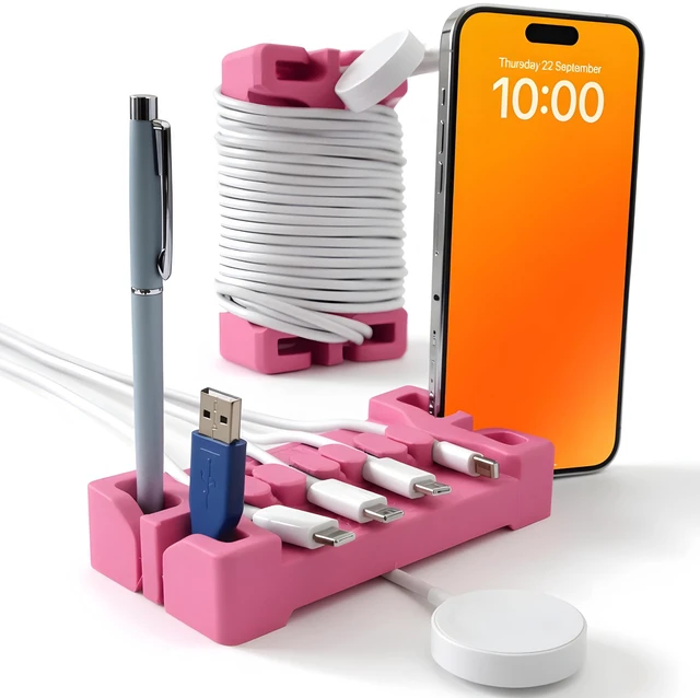 Main image of DeskBrick 2PK Silicone + Steel-Weighted Cord Holders for Desks. Weighted Cord Organizers & Cable Management for Desktops. Useful Phone Accessories & Cable Holders for Offices. No Adhesive. Pink