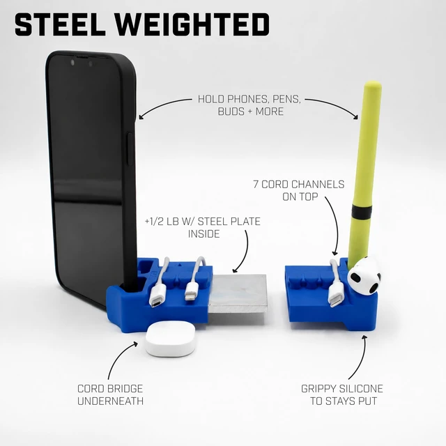 Alt view image 2 of 6 - DeskBrick 2PK Silicone + Steel-Weighted Cord Holders for Desks. Weighted Cord Organizers & Cable Management for Desktops. Useful Phone Accessories & Cable Holders for Offices. No Adhesive. Blue
