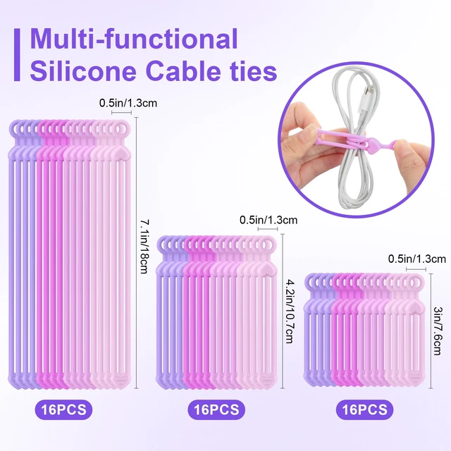 Alt view image 2 of 6 - 48 Pcs Silicone Cable Ties Cord Organizer, Gradient Purple, 3 Sizes Flexible Multi-size Cord Wrap Ties, Elastic Zip Straps, Adjustable Cable Organizer, School Dorm Teacher Office Desk Gift