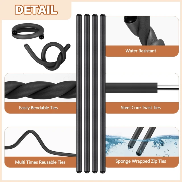 Alt view image 3 of 6 - 20 Pcs 17 Inch Reusable Foam Rubber Twist Ties Bendable, Black Heavy Duty Silicone Cable Rubber Ties, Flexible Foam Covered Twist Ties for Bundling and Holding