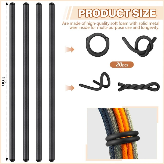 Alt view image 2 of 6 - 20 Pcs 17 Inch Reusable Foam Rubber Twist Ties Bendable, Black Heavy Duty Silicone Cable Rubber Ties, Flexible Foam Covered Twist Ties for Bundling and Holding