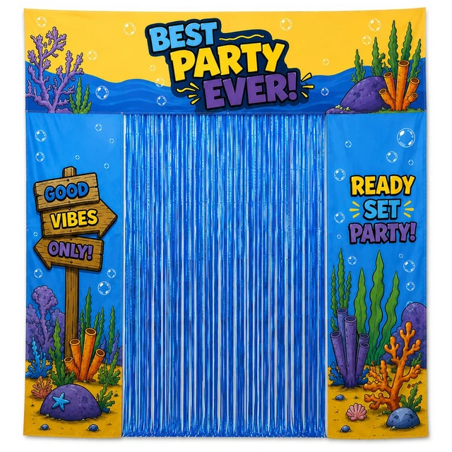 Main image of Birthday Party Decorations, Party Backdrop with Entrance Decorations Underwater Birthday Party Decorations with Backdrop, Fringe Curtain and Birthday Banner for a Fun Party Entrance