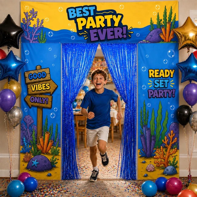 Alt view image 2 of 7 - Birthday Party Decorations, Party Backdrop with Entrance Decorations Underwater Birthday Party Decorations with Backdrop, Fringe Curtain and Birthday Banner for a Fun Party Entrance