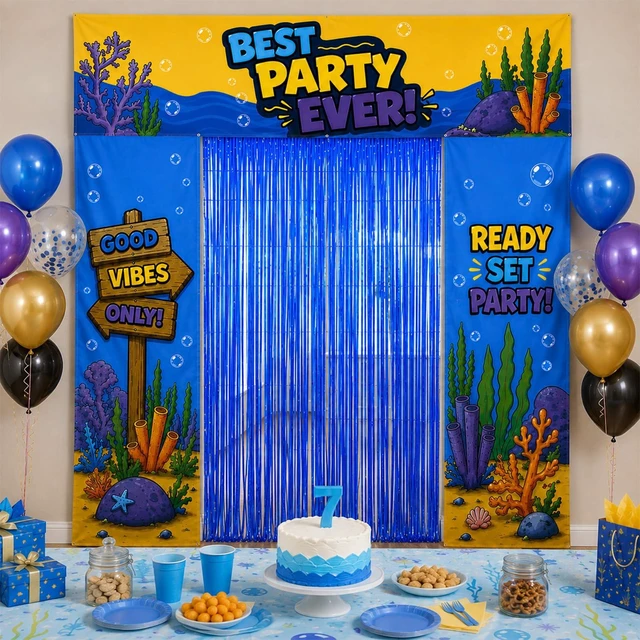 Alt view image 3 of 7 - Birthday Party Decorations, Party Backdrop with Entrance Decorations Underwater Birthday Party Decorations with Backdrop, Fringe Curtain and Birthday Banner for a Fun Party Entrance