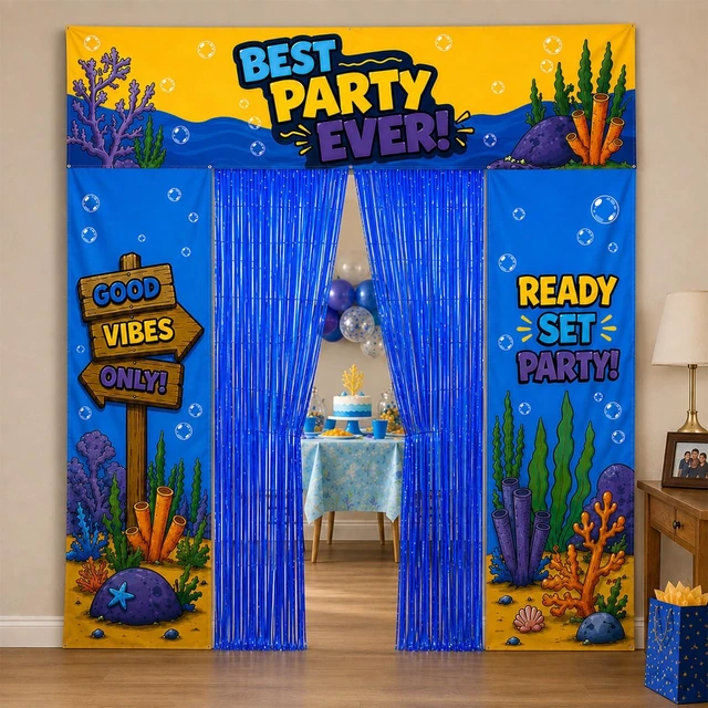 Alt view image 4 of 7 - Birthday Party Decorations, Party Backdrop with Entrance Decorations Underwater Birthday Party Decorations with Backdrop, Fringe Curtain and Birthday Banner for a Fun Party Entrance