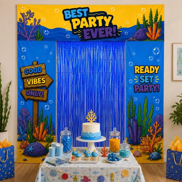 Alt view image 5 of 7 - Birthday Party Decorations, Party Backdrop with Entrance Decorations Underwater Birthday Party Decorations with Backdrop, Fringe Curtain and Birthday Banner for a Fun Party Entrance