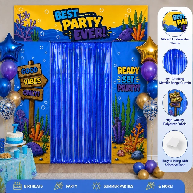 Alt view image 6 of 7 - Birthday Party Decorations, Party Backdrop with Entrance Decorations Underwater Birthday Party Decorations with Backdrop, Fringe Curtain and Birthday Banner for a Fun Party Entrance