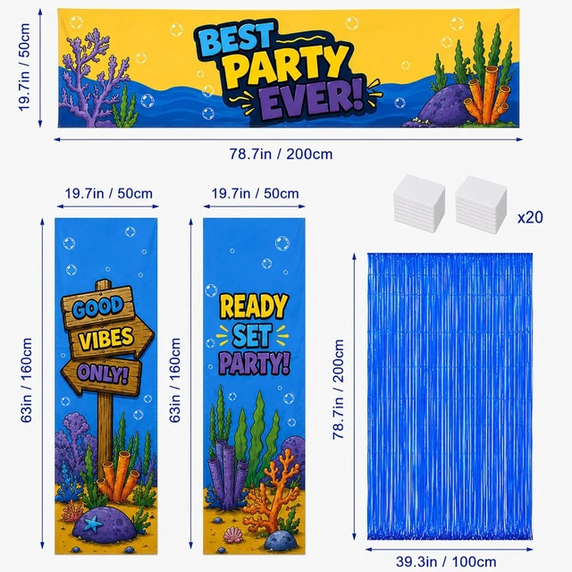 Alt view image 7 of 7 - Birthday Party Decorations, Party Backdrop with Entrance Decorations Underwater Birthday Party Decorations with Backdrop, Fringe Curtain and Birthday Banner for a Fun Party Entrance