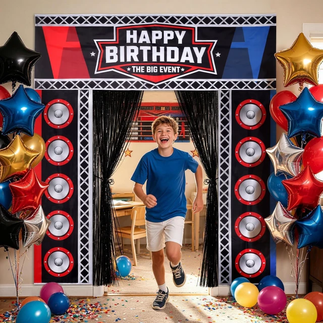 Alt view image 2 of 7 - Birthday Party Decorations, Party Backdrop with Entrance Decorations Wrestling Birthday Party Decorations with Backdrop, Fringe Curtain and Party Accessories for an Exciting Entrance Display