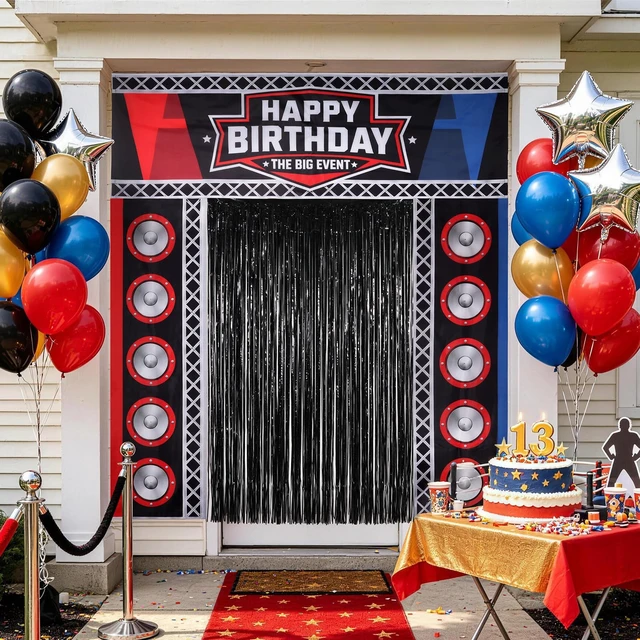 Alt view image 3 of 7 - Birthday Party Decorations, Party Backdrop with Entrance Decorations Wrestling Birthday Party Decorations with Backdrop, Fringe Curtain and Party Accessories for an Exciting Entrance Display