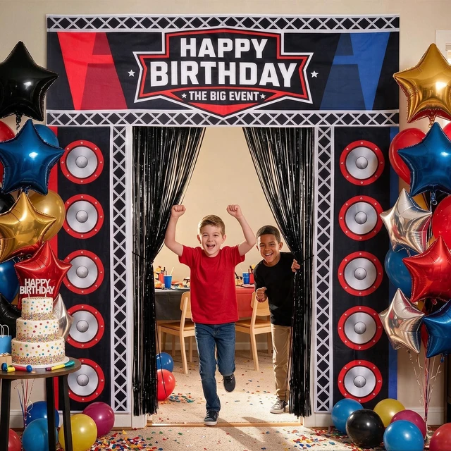 Alt view image 4 of 7 - Birthday Party Decorations, Party Backdrop with Entrance Decorations Wrestling Birthday Party Decorations with Backdrop, Fringe Curtain and Party Accessories for an Exciting Entrance Display