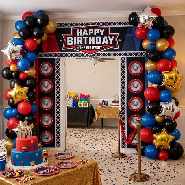 Alt view image 5 of 7 - Birthday Party Decorations, Party Backdrop with Entrance Decorations Wrestling Birthday Party Decorations with Backdrop, Fringe Curtain and Party Accessories for an Exciting Entrance Display