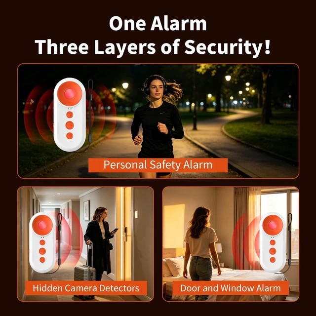 Alt view image 2 of 7 - 3-in-1 Personal Safety Alarm, Hidden Camera Detectors, Door Window Alarm 130dB Loud Personal Alarm for Women, Vibration Alarm, Travel Safety Essentials, Rechargeable, Strobe Red Light, Gifts, Hotel