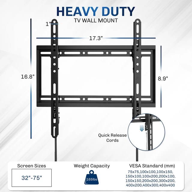 Alt view image 3 of 7 - Black TV Wall Mount for 32 to 75 inch Screens, MOUNT-VW075F Heavy Duty Steel, TV Wall Bracket fits LCD LED Curved and Flat Panel Screens, Max VESA 400x400mm, Holds 165 lbs