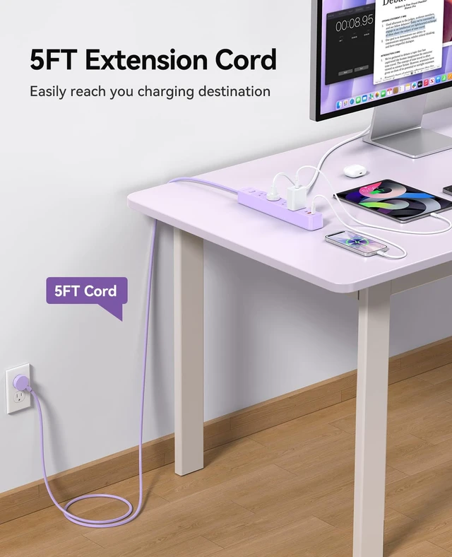Alt view image 5 of 7 - Power Strip, 1.7'' Wider Space Outlet Extension Cord with USB, Purple 7 In 1, 20W Max USB-C & 18W Max USB-A Port, 5FT/10FT Optional, Flat Plug, Wide Space Extender Powerstrip for Home, Office