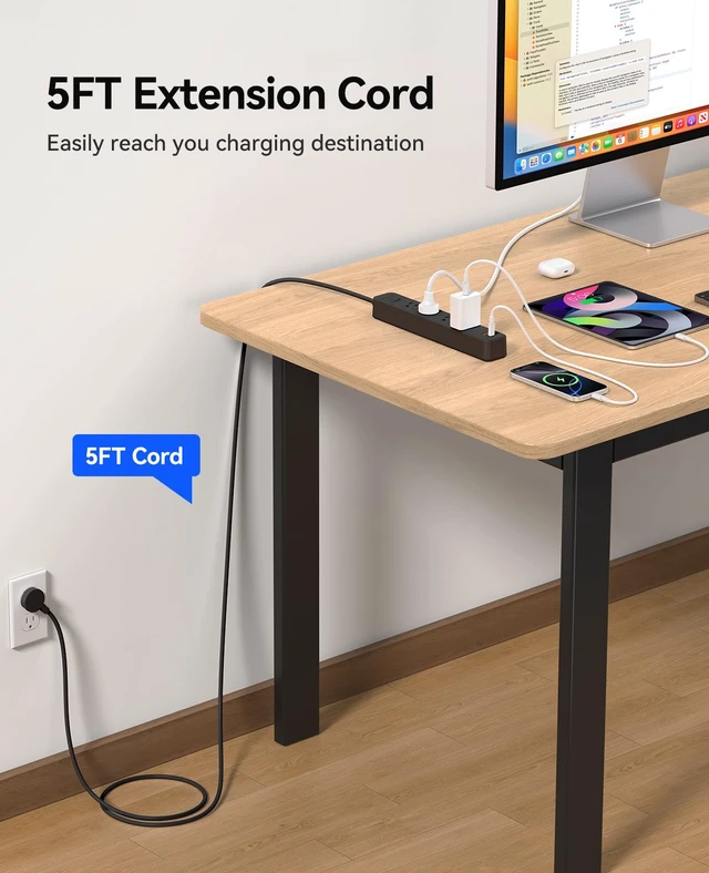 Alt view image 5 of 7 - Power Strip, 1.7'' Wider Space Outlet Extension Cord with USB, Black 7 In 1, 20W Max USB-C & 18W Max USB-A Port, 5FT/10FT Optional, Flat Plug, Wide Space Extender Powerstrip for Home, Office