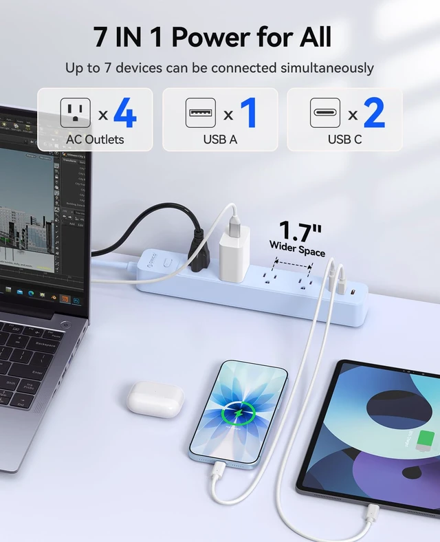 Alt view image 2 of 7 - Power Strip, 1.7'' Wider Space Outlet Extension Cord with USB, Blue 7 In 1, 20W Max USB-C & 18W Max USB-A Port, 5FT/10FT Optional, Flat Plug, Wide Space Extender Powerstrip for Home, Office