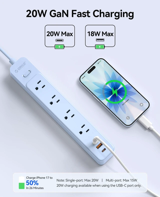 Alt view image 3 of 7 - Power Strip, 1.7'' Wider Space Outlet Extension Cord with USB, Blue 7 In 1, 20W Max USB-C & 18W Max USB-A Port, 5FT/10FT Optional, Flat Plug, Wide Space Extender Powerstrip for Home, Office