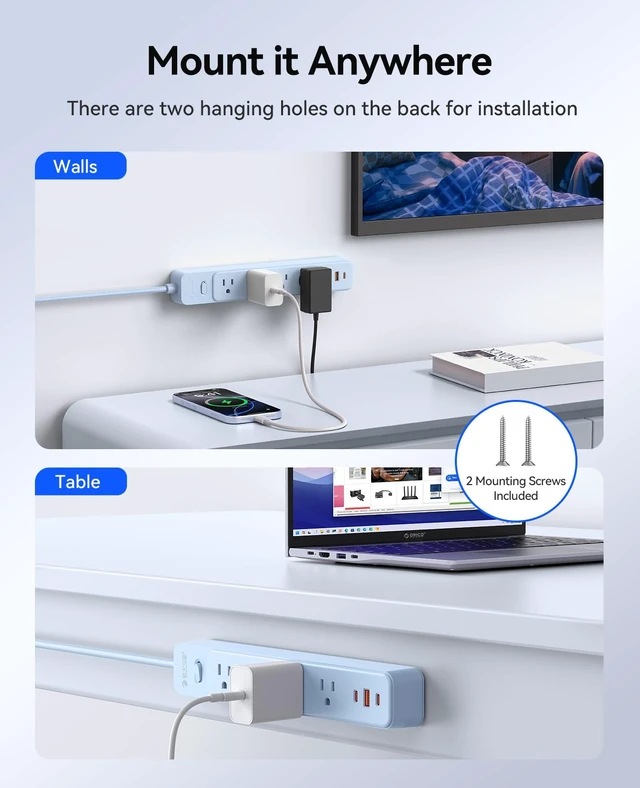 Alt view image 6 of 7 - Power Strip, 1.7'' Wider Space Outlet Extension Cord with USB, Blue 7 In 1, 20W Max USB-C & 18W Max USB-A Port, 5FT/10FT Optional, Flat Plug, Wide Space Extender Powerstrip for Home, Office