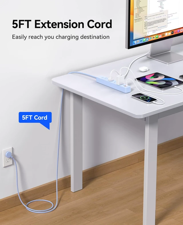 Alt view image 5 of 7 - Power Strip, 1.7'' Wider Space Outlet Extension Cord with USB, Blue 7 In 1, 20W Max USB-C & 18W Max USB-A Port, 5FT/10FT Optional, Flat Plug, Wide Space Extender Powerstrip for Home, Office