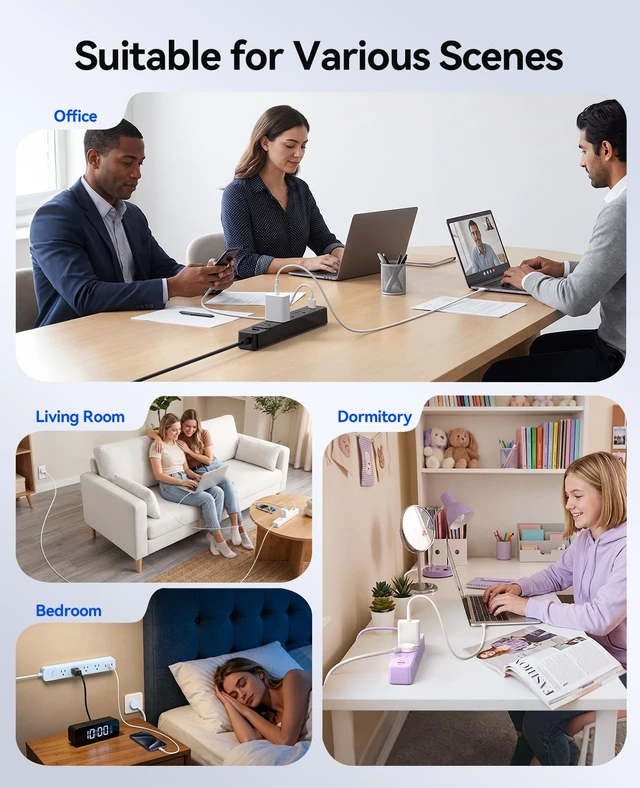 Alt view image 7 of 7 - Power Strip, 1.7'' Wider Space Outlet Extension Cord with USB, Blue 7 In 1, 20W Max USB-C & 18W Max USB-A Port, 5FT/10FT Optional, Flat Plug, Wide Space Extender Powerstrip for Home, Office
