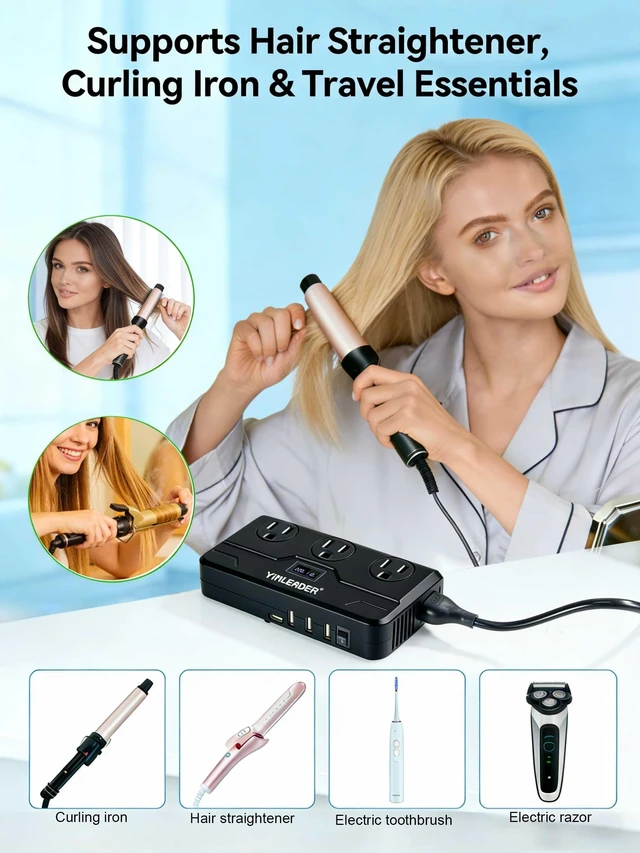 Alt view image 2 of 7 - 220V to 110V Voltage Converter US to Europe Travel Adapter for Hair Straightener/Curling Iron Step Down Transformer with USB-C (20W PD) Charging and UK/AU/EU Worldwide Plug Adapter