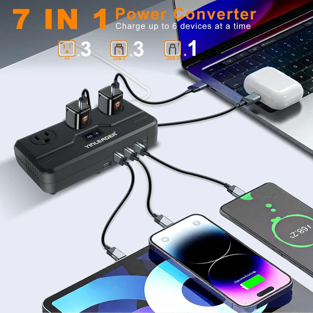 Alt view image 6 of 7 - 220V to 110V Voltage Converter US to Europe Travel Adapter for Hair Straightener/Curling Iron Step Down Transformer with USB-C (20W PD) Charging and UK/AU/EU Worldwide Plug Adapter