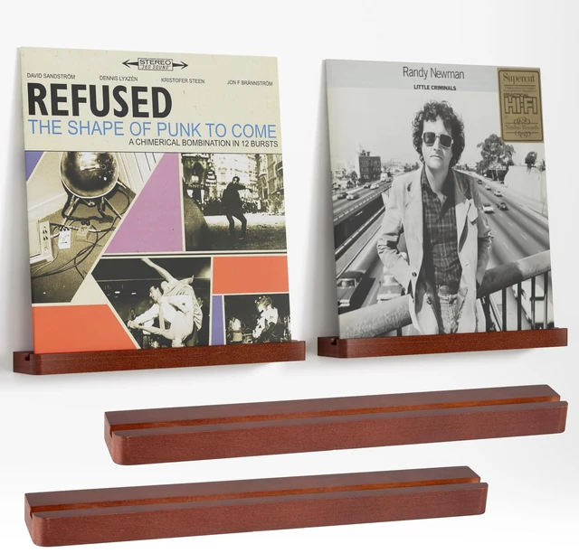 Main image of Wood Vinyl Record Shelf Wall Mount, Floating Shelves for LPs, CD, Album Holder Wall Display, Elegant Wooden Ledge for Vinyl Record Storage, Vintage Home Decor - 2 Pack, Brown