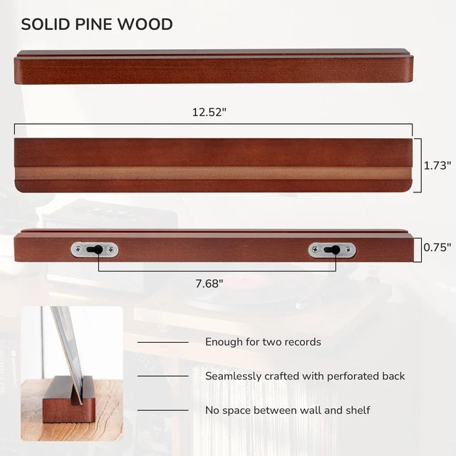 Alt view image 3 of 7 - Wood Vinyl Record Shelf Wall Mount, Floating Shelves for LPs, CD, Album Holder Wall Display, Elegant Wooden Ledge for Vinyl Record Storage, Vintage Home Decor - 2 Pack, Brown