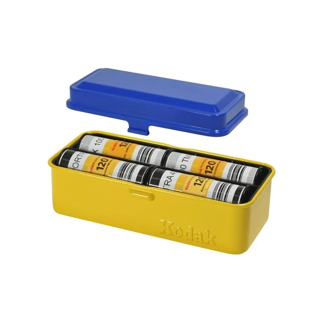 Alt view image 2 of 7 - 120/135 Film Case - for 8 Rolls of 120 Films / 10 Rolls of 35mm Films - Retro Steel Case to Sort & Safeguard Film (Blue Top/Yellow Body)