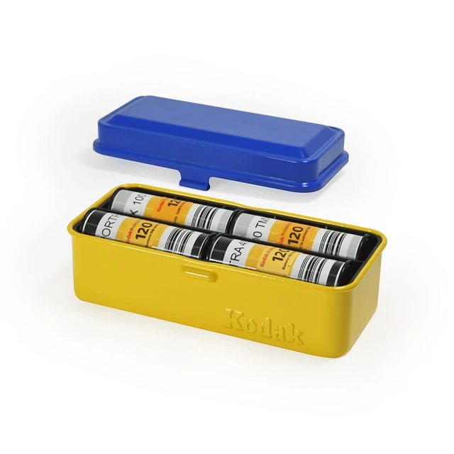 Alt view image 4 of 7 - 120/135 Film Case - for 8 Rolls of 120 Films / 10 Rolls of 35mm Films - Retro Steel Case to Sort & Safeguard Film (Blue Top/Yellow Body)