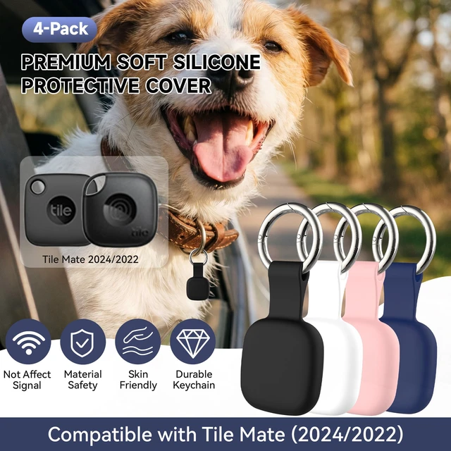 Alt view image 2 of 7 - 4-Pack Holder for Life360 Tile Mate 2024/2022 Tracker with Keychain Soft Silicone Scratch Resistant Cover, Anti-Lost Case Accessories for Bag,Luggages,Keys,Pets,Dogs,Black/White/Pink/Dark Blue