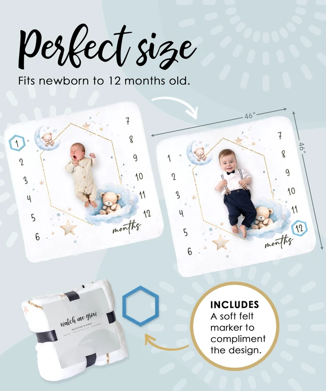 Alt view image 4 of 7 - Baby Monthly Milestone Blanket for Boys, Oeko-Tex Certified Fleece Includes felt month marker; machine washable & wrinkle-resistant; generous 46"x46" size; tested safe for baby's skin