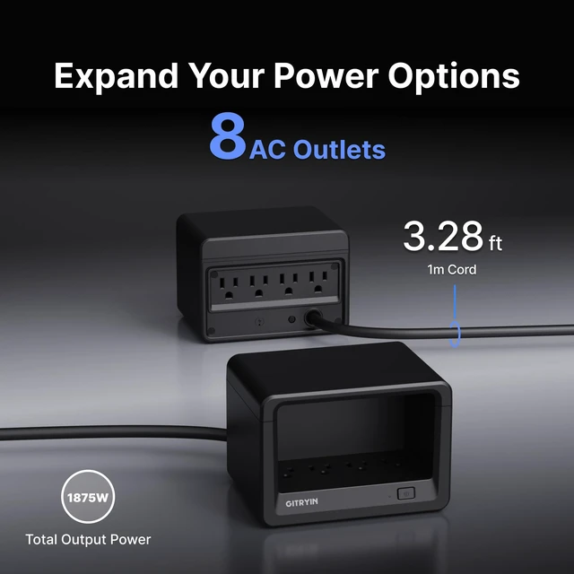 Alt view image 2 of 7 - 8-in-1 Power Strip, 3.28FT Heavy Duty Extension Cord Modular Charging Station with 8 AC Outlets, Extension Cord 45° Flat Plug for Home Office, Desktop Accessories, Black