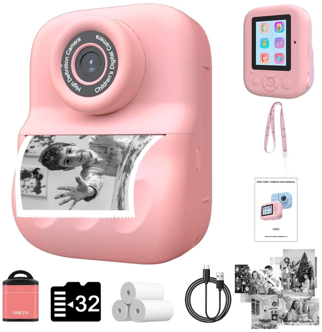 Main image of Kids Camera Instant Print for Kids with Mirror, HD Dual-Lens Selfie Digital Camera with 3 Rolls Print Paper & 32GB Card, Holiday Birthday Gifts Toys for Girls Boys Toddler. (Dark Pink)