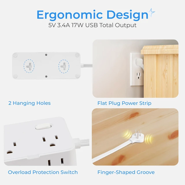 Alt view image 4 of 7 - Short Extension Cord 1Ft - 8 Outlets Small Power Strip Flat Plug Surge Protector with 4 USB (5V 3.4A 17W), Multi Plug Wall Outlet Splitter, Short Cord Outlet Extender for Home Office Dorm Collages