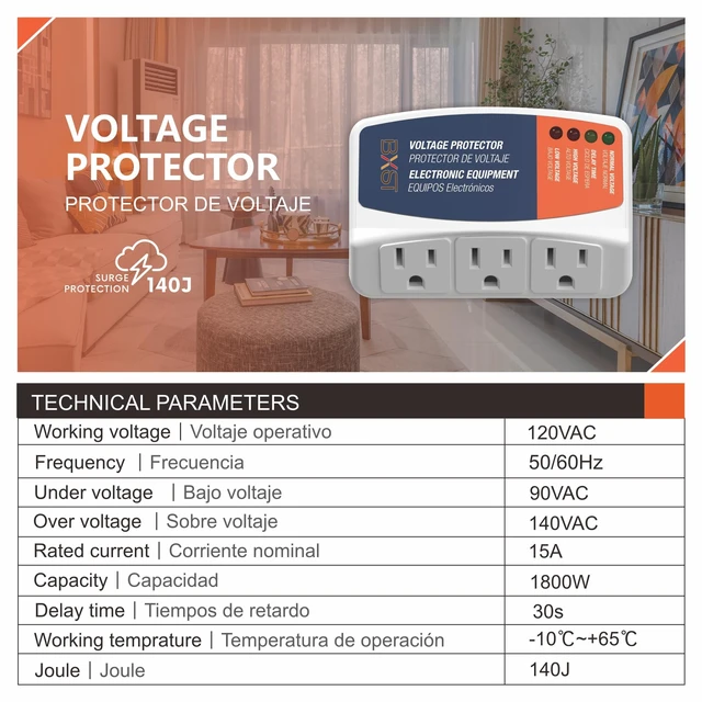 Alt view image 2 of 7 - Refrigerator Surge Protector 3 Outlet Power Strip for Home Appliance 30S Delay Voltage Protector Brownout Surge Protector Plug for TV/PC/Fridge15A 1800W 140J