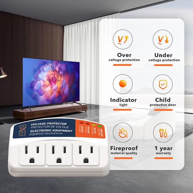 Alt view image 6 of 7 - Refrigerator Surge Protector 3 Outlet Power Strip for Home Appliance 30S Delay Voltage Protector Brownout Surge Protector Plug for TV/PC/Fridge15A 1800W 140J