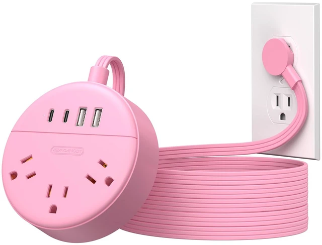 Main image of Pink Extension Cord 10 ft, Flat Plug Power Strip with 2 USB-C & 2 USB-A, Flat Extension Cord Under Carpet, Wall Mount, Pink Power Strip for Indoor, Home, Vanity Desk, Nightstand, Dorm Room