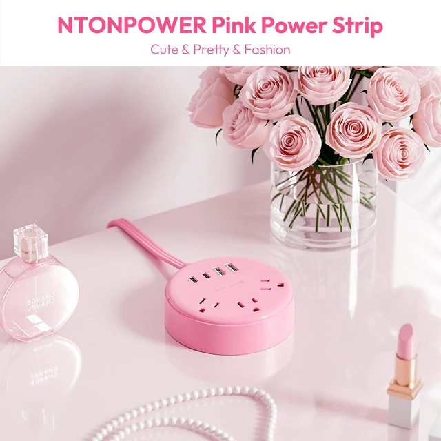 Alt view image 2 of 7 - Pink Extension Cord 10 ft, Flat Plug Power Strip with 2 USB-C & 2 USB-A, Flat Extension Cord Under Carpet, Wall Mount, Pink Power Strip for Indoor, Home, Vanity Desk, Nightstand, Dorm Room