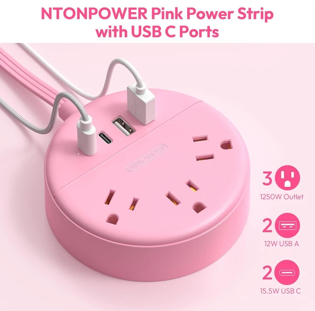 Alt view image 3 of 7 - Pink Extension Cord 10 ft, Flat Plug Power Strip with 2 USB-C & 2 USB-A, Flat Extension Cord Under Carpet, Wall Mount, Pink Power Strip for Indoor, Home, Vanity Desk, Nightstand, Dorm Room