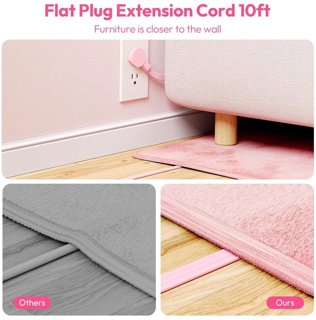 Alt view image 4 of 7 - Pink Extension Cord 10 ft, Flat Plug Power Strip with 2 USB-C & 2 USB-A, Flat Extension Cord Under Carpet, Wall Mount, Pink Power Strip for Indoor, Home, Vanity Desk, Nightstand, Dorm Room