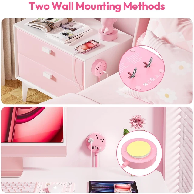 Alt view image 5 of 7 - Pink Extension Cord 10 ft, Flat Plug Power Strip with 2 USB-C & 2 USB-A, Flat Extension Cord Under Carpet, Wall Mount, Pink Power Strip for Indoor, Home, Vanity Desk, Nightstand, Dorm Room