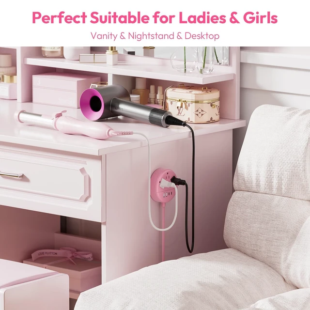 Alt view image 6 of 7 - Pink Extension Cord 10 ft, Flat Plug Power Strip with 2 USB-C & 2 USB-A, Flat Extension Cord Under Carpet, Wall Mount, Pink Power Strip for Indoor, Home, Vanity Desk, Nightstand, Dorm Room