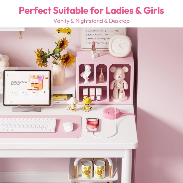 Alt view image 7 of 7 - Pink Extension Cord 10 ft, Flat Plug Power Strip with 2 USB-C & 2 USB-A, Flat Extension Cord Under Carpet, Wall Mount, Pink Power Strip for Indoor, Home, Vanity Desk, Nightstand, Dorm Room