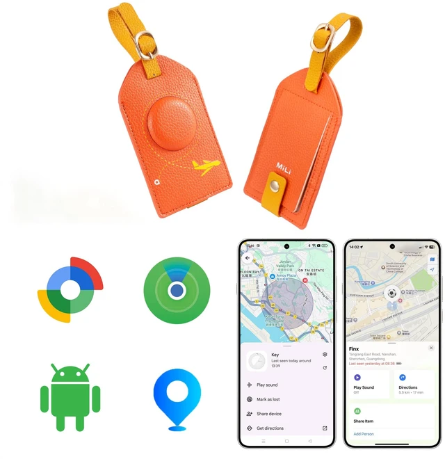 Main image of Smart Bluetooth Luggage Tracker Tag for iOS & Android Works with Apple Find My & Google Find Hub, Anti-Lost Leather Travel Locator for Suitcase, Backpack & Gear, Orange