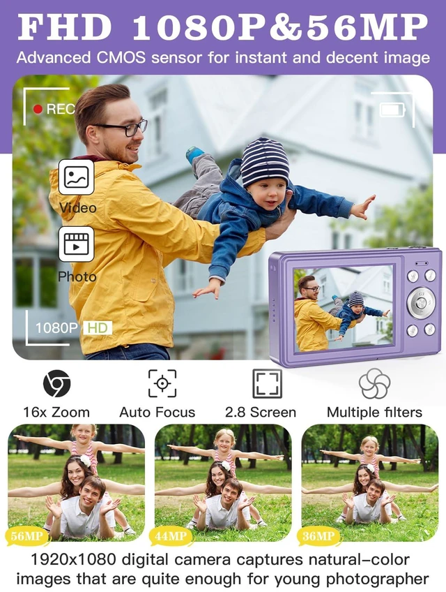 Alt view image 2 of 7 - Upgrade Digital Camera, 56MP FHD 1080P Camera for Kids with 32GB TF Card, Two Batteries, Lanyard, Compact Small Camera for Kids Boys Girls
