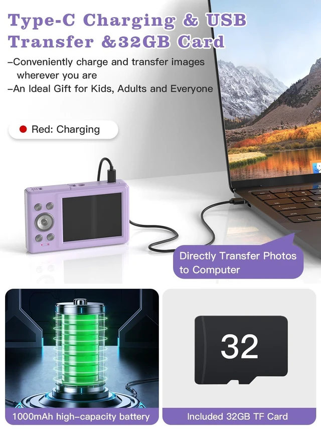 Alt view image 4 of 7 - Upgrade Digital Camera, 56MP FHD 1080P Camera for Kids with 32GB TF Card, Two Batteries, Lanyard, Compact Small Camera for Kids Boys Girls