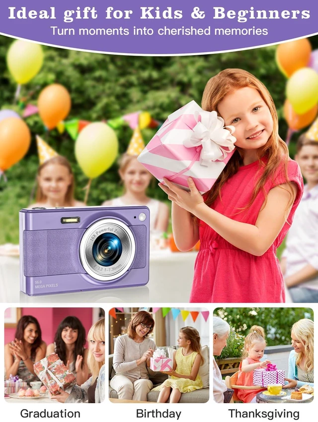 Alt view image 7 of 7 - Upgrade Digital Camera, 56MP FHD 1080P Camera for Kids with 32GB TF Card, Two Batteries, Lanyard, Compact Small Camera for Kids Boys Girls